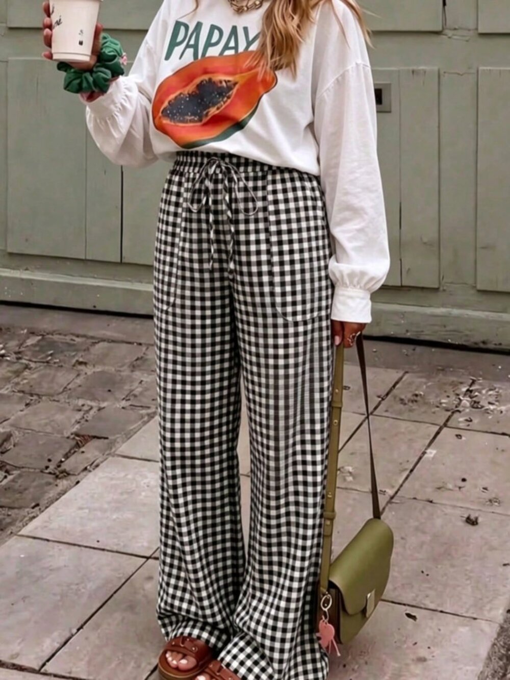 Black And White Casual Women's Tie-Waist Plaid Pattern Loose Long Pants